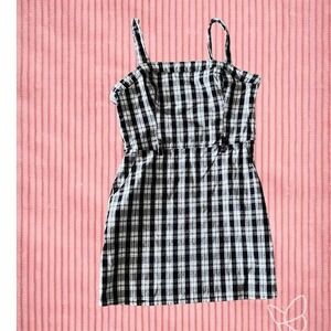 Hollister Black White Plaid Mini Dress Square Neck Large Broken Zipper